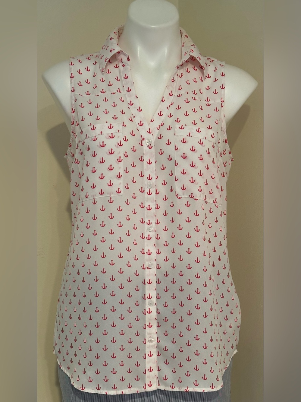 EXPRESS Nautical Sleeveless White Collar Button-  Down Pink Anchor Print Top  Sz
